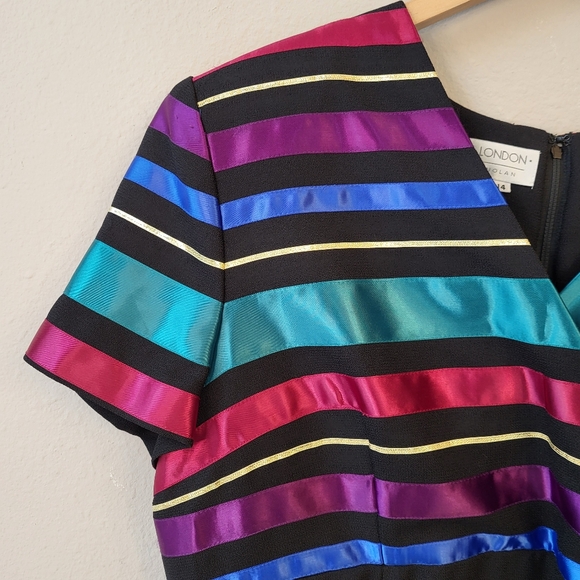VTG Maggy London Evening Party Dress Sz 14 Long Maxi 90s Colorful Satin Stripes - Picture 11 of 15